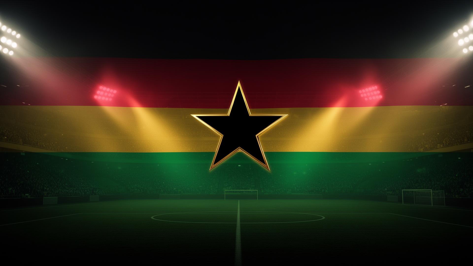 Black star and Ghana flag colours glowing in a stadium